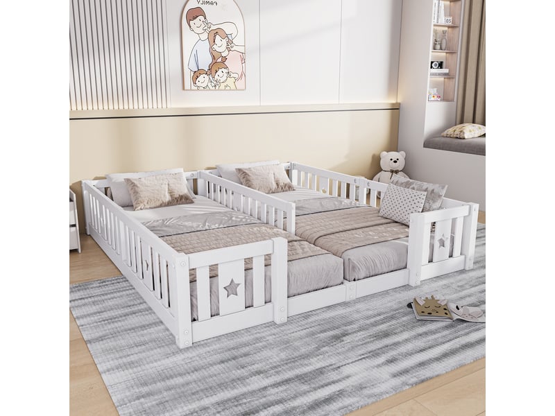  Lit 140x200cm - lit enfant 140x200 - lit double au sol en bois massif avec barrières de protection et motifs étoiles - blanc  - Conforama C