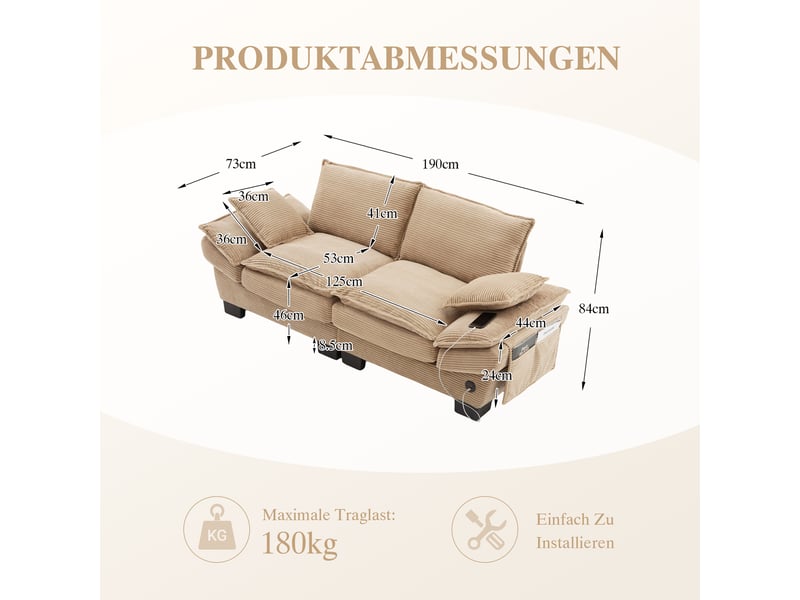 Canapé 2 places en velours côtelé kaki avec usb-c et poches latérales, assise large et design ergonomique - Conforama C