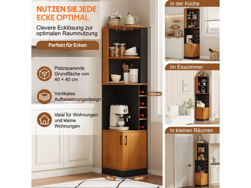  Buffet de cuisine 2 portes 40x40x182 cm - meuble d'angle avec porte-bouteilles, rangement pour verres et étagères - noir  - Conforama E