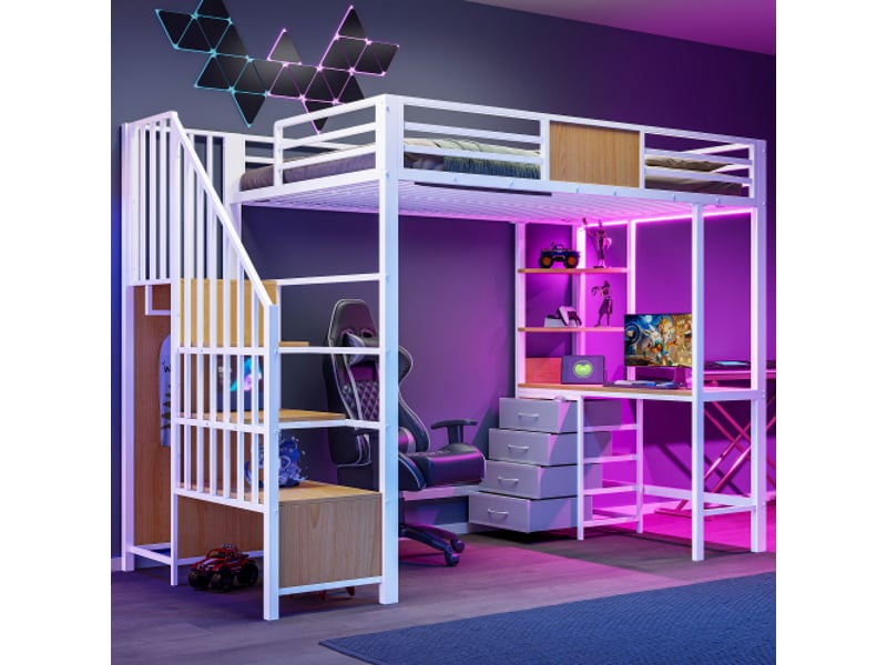 Lit mezzanine métallique 90x200 cm – bureau, rangements, penderie, led et prise électrique - Conforama B