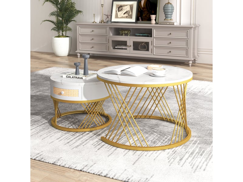  Tables basses - tables gigognes rondes lot de 2, mdf imitation marbre, pieds métal solides, design moderne pour salon - blanc et doré  - Conforama B