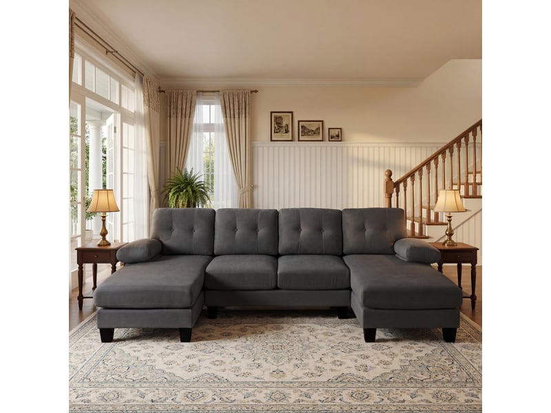  Canapé 4 places avec double méridienne, canapé en u compact, dossier capitonné, poches latérales, revêtement chenille gris Seren Glow - Conforama B
