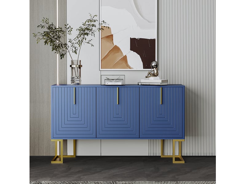 Buffet bas modenvie 3 portes en mdf et panneaux de particules bleu marine avec étagères réglables et pieds métalliques - Conforama E