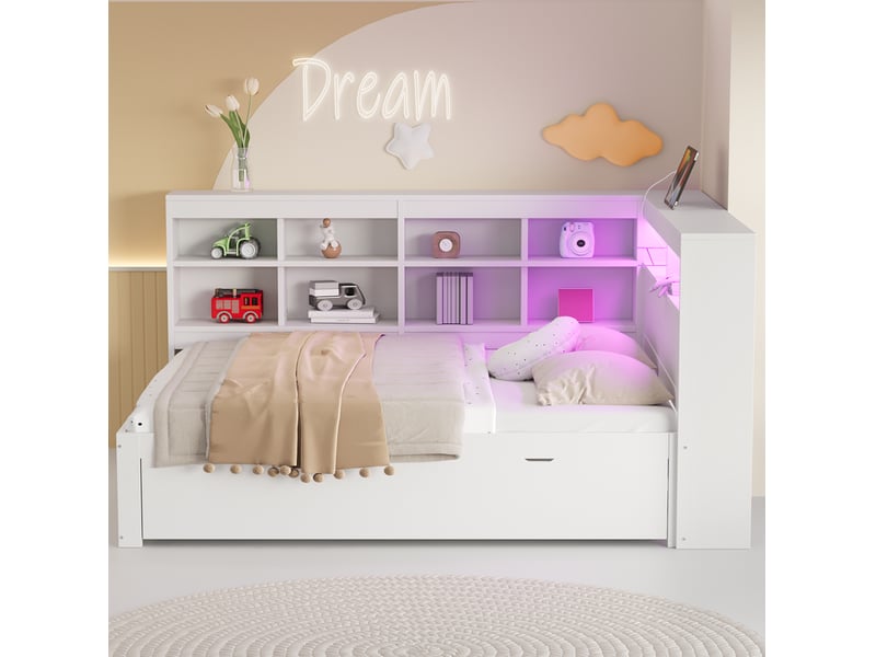  Lit double 140x200 cm avec rangement, usb et led, rangements latéraux et grands tiroirs, bois blanc sans matelas  - Conforama E