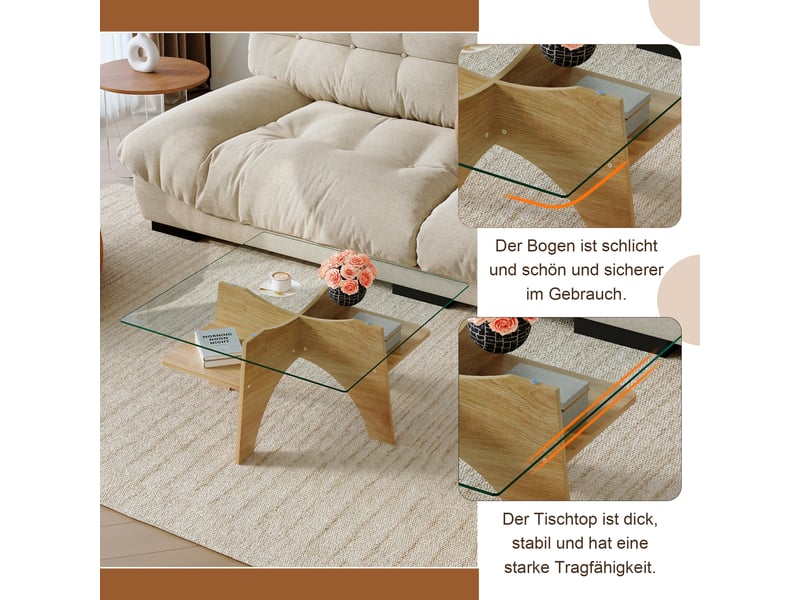  Table basse carrée en verre trempé avec 1 niche et plateau en mdf, style moderne, pour salon, 80 × 80 × 40 cm  - Conforama E