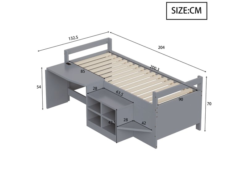  Lit enfant 90x200, structure bois, rangement intégré, bureau avec prises européennes, couleur grise  - Conforama C