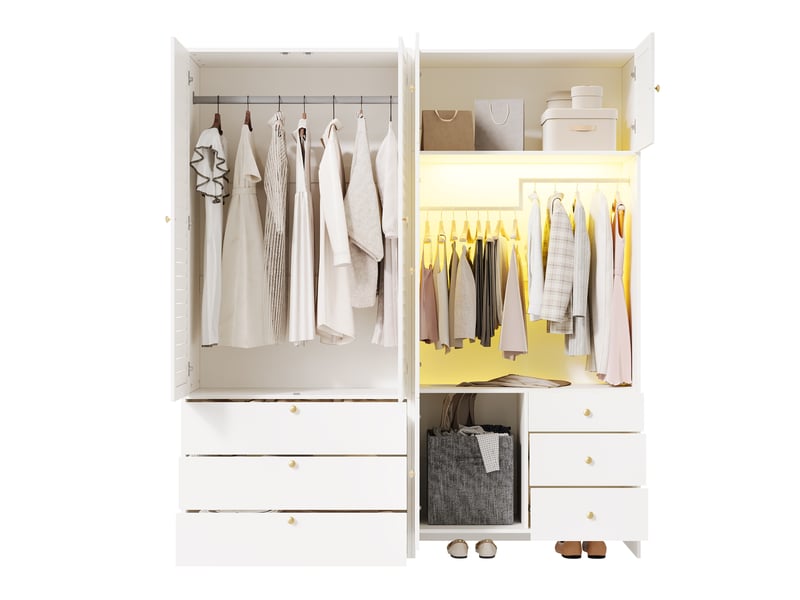  Armoire 5 portes avec led, panier à linge et 6 tiroirs 180x50x200 cm blanche  - Conforama E