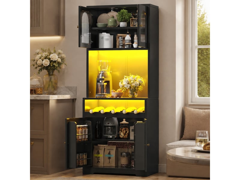 Buffet de cuisine led avec 4 portes dont 2 vitrées, porte-bouteilles et étagères réglables, noir, 70 × 38,3 × 180 cm - Conforama D