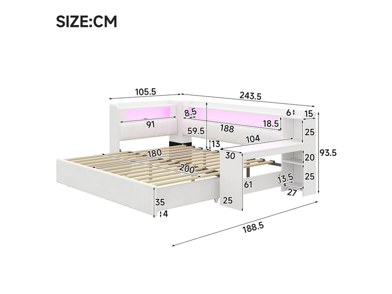 Lit gigogne 90x200 + 180x200 cm avec led et usb, bureau intégré, en mdf contreplaqué et lin blanc  - Conforama E