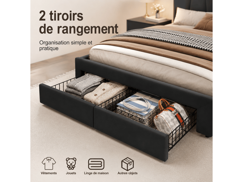  Lit coffre 160x200cm - avec led et usb tpye c -  2 tiroirs - tête de lit est pliable -lit capitonné  140x190 cm avec sommier à lattes,  lit rembourré avec hydraulique, rangement de chevet,  lit 2 personnes - lin gris - sans mate…  - Conforama D