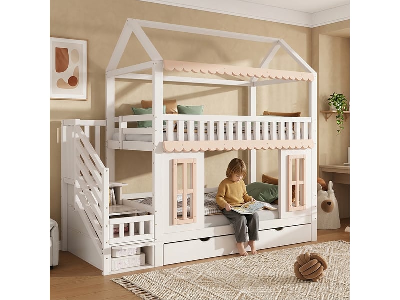  Lit superposé enfant forme maison 90x200 cm blanc et bois clair pin et mdf avec échelle latérale rangement 2 tiroirs fenêtre décorative Sol Morn - Conforama E