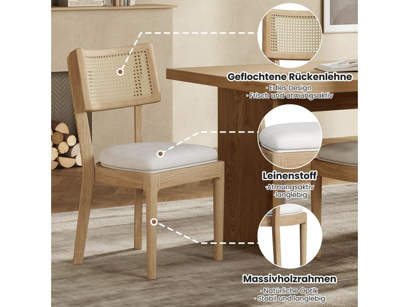  Lot de chaises 6 pièces en bois massif dossier en rotin lin respirant confort d'assise style moderne couleur bois  - Conforama D