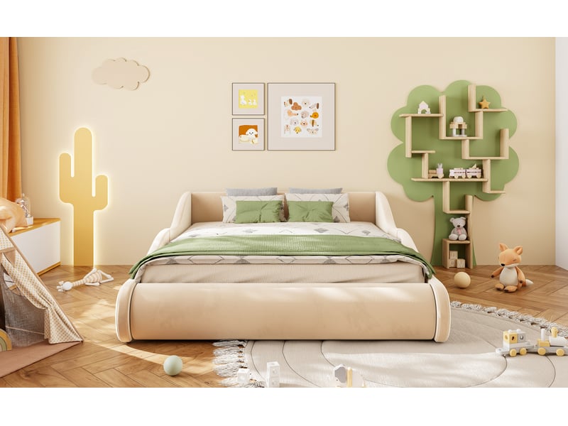  Lit enfant double 140×200 cm avec barrières et tête de lit haute  - sans matelas, velours beige  - Conforama E