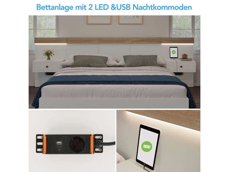 Lit double,180x200 cm,avec 2 tables de nuit ledusb c tiroirs,bois,blanc et chêne - Conforama E