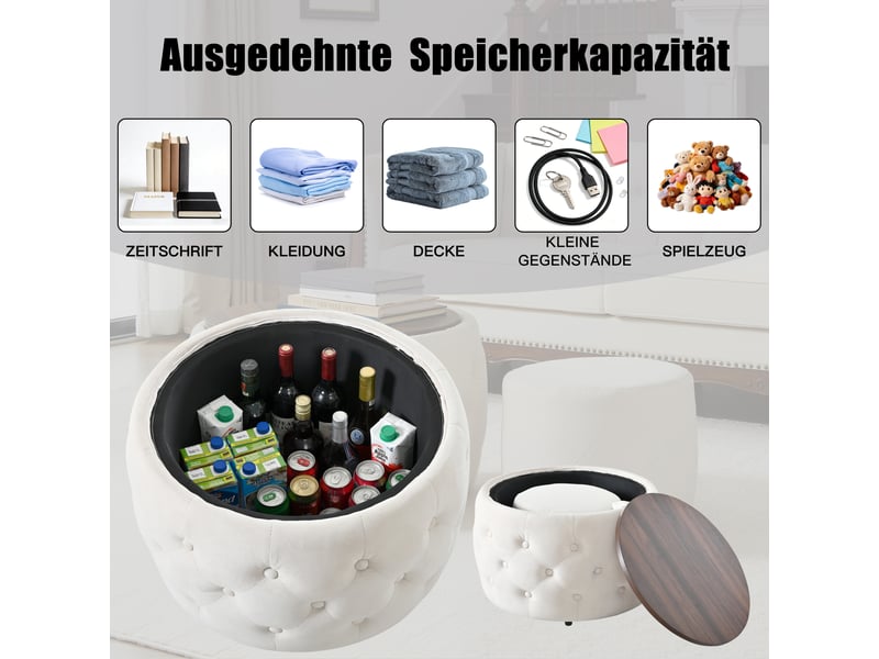  Lot de 2 poufs gigognes ronds avec coffre en velours beige 58 x 58 x 38 cm  - Conforama D