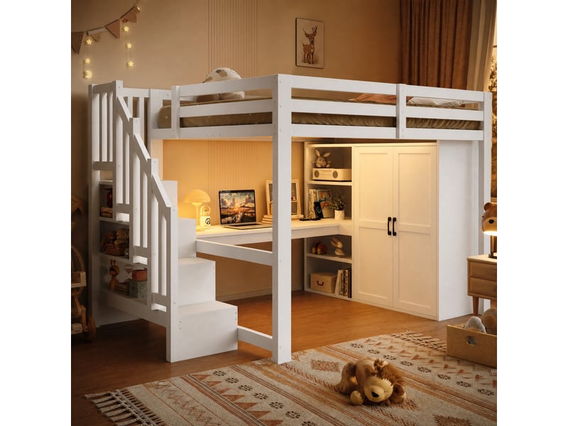 Lit mezzanine 140x200 cm bureau armoire, escalier rangement, led usb, sommier à lattes mdf bois blanc sans matelas  - Conforama D