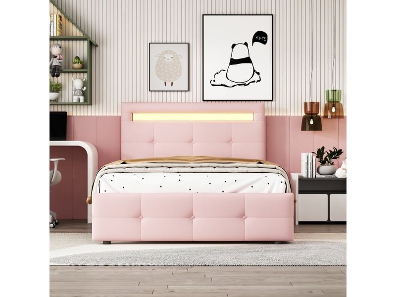  Lit enfant rembourré 90 x 200 cm avec led et 2 tiroirs, tête de lit réglable, rose Fay Lum - Conforama E