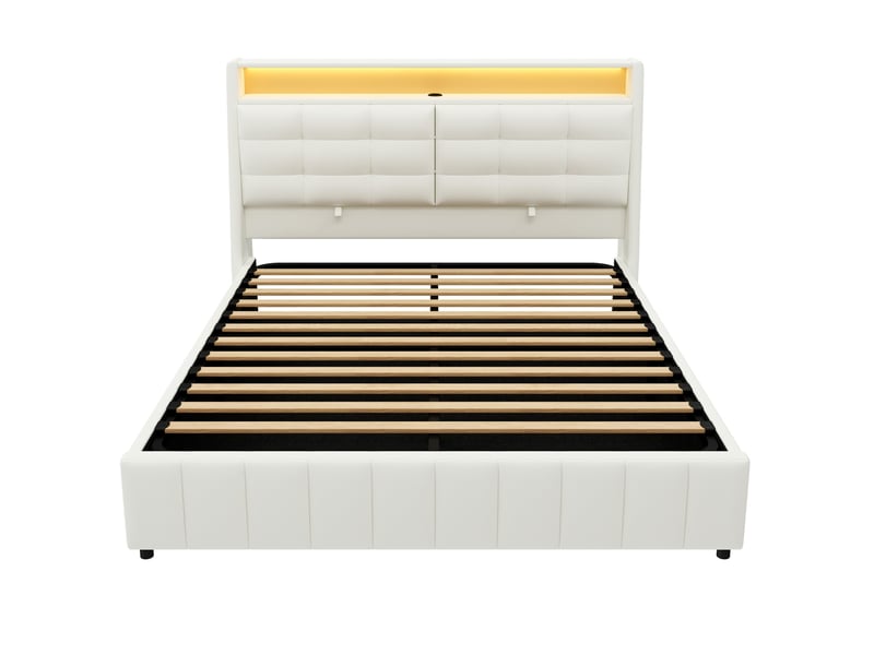  Lit plateforme 160x200 coffre rangement led multicolore usb tête réglable rembourré mdfpu blanc sans matelas  - Conforama A
