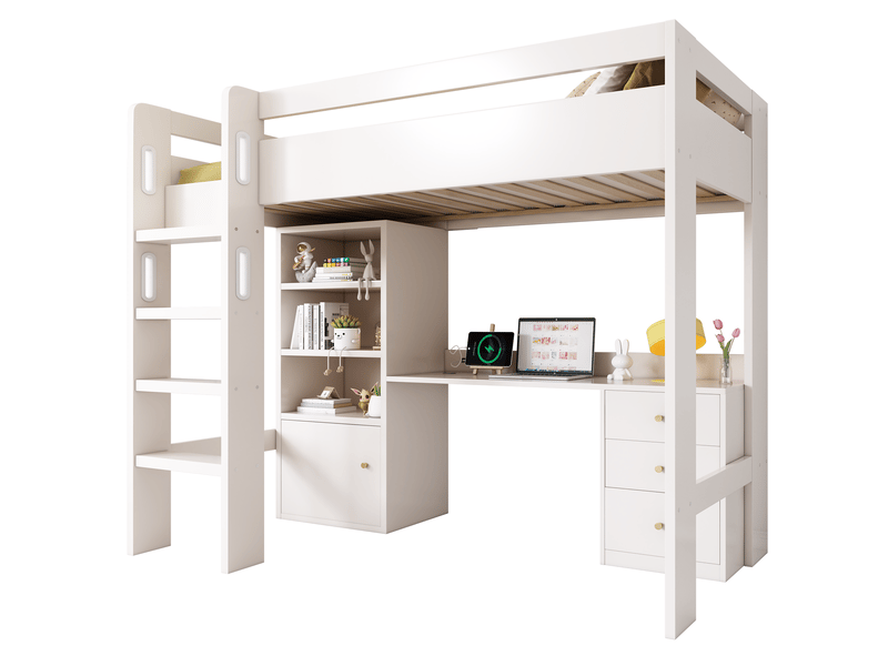  Lit mezzanine 90x200 cm avec bureau, rangements, escalier et sommier blanc  - Conforama A