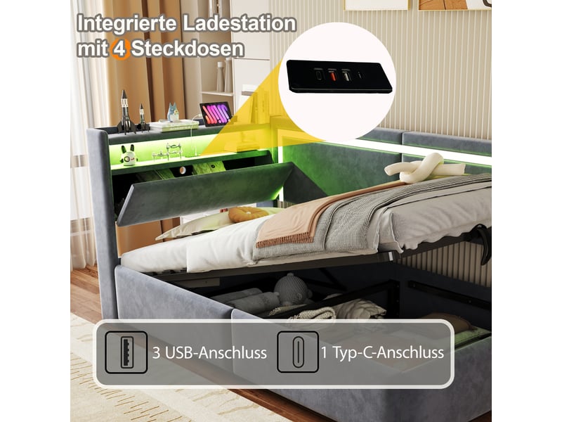  Canapé-lit rembourré 90x200 cm avec led et port usb, lit simple avec tête de lit en velours, gris foncé, lit enfant à vérin  - Conforama E