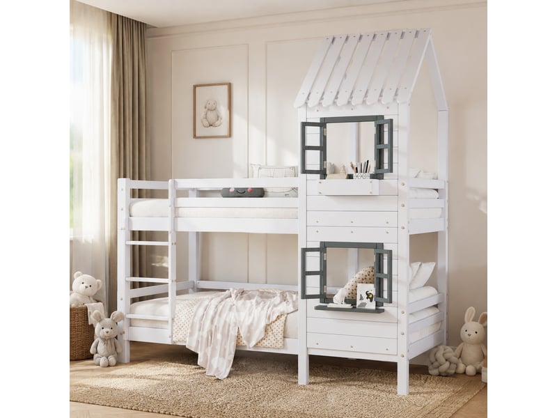  Lit superposé enfant cabane 2 x 90x200 cm blanc et gris en bois et mdf  - Conforama B