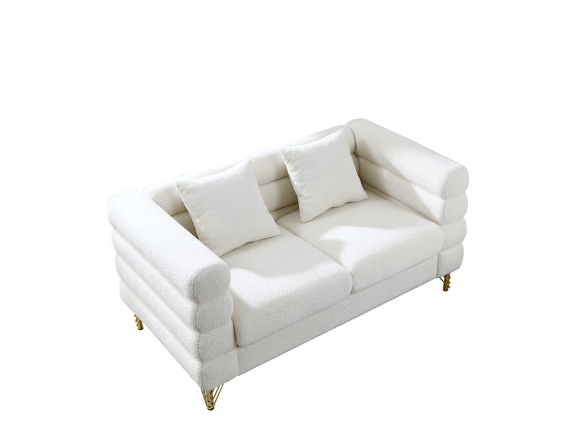  Canapé 2 places forme nuage en tissu teddy blanc avec pieds en métal doré  - Conforama D