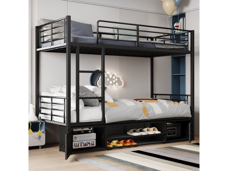  Lit superposé 90 × 200 cm 2 places avec échelle, rangements chaussures et placards, sans matelas, métal noir  - Conforama B