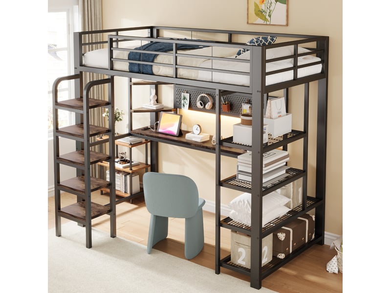  Modenvie lit mezzanine 90x200 cm - avec bureau, led et prises intégrées - pour petit espace - noir  - Conforama D