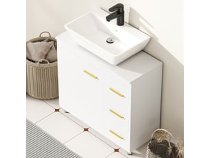 Meuble sous lavabo blanc, armoire de salle de bain avec 3 tiroirs et portes, rangement sous vasque en mdf pour salle d'eau, 70x30x65 cm.