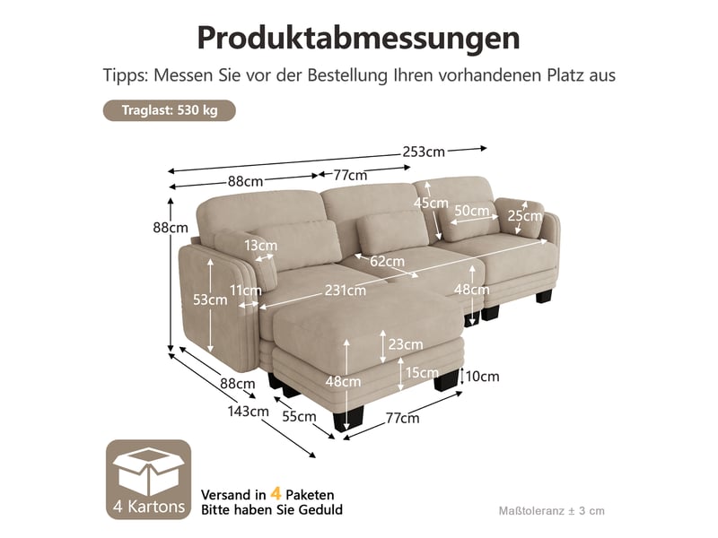 Canapé d'angle modulable - 3 places - forme l - 1 ottoman - coussins d'accoudoirs - assise profonde - tissu chenille - brun clair CozyNest - Conforama D