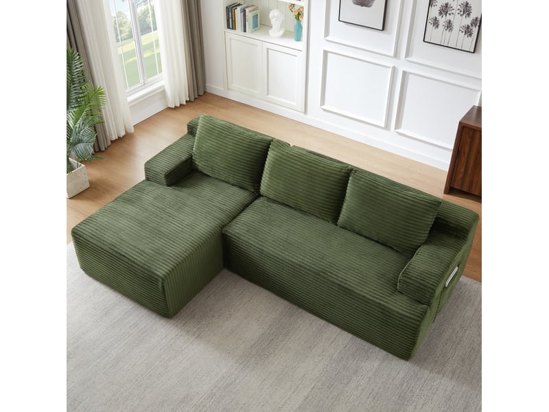 Canapé-lit d'angle gauche modulable 4 places 238x152x66 cm vert en velours côtelé, assise profonde - Conforama B
