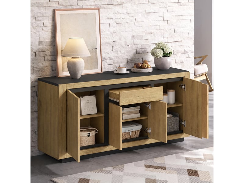 Buffet 140x40x60 cm - éclairage led - grand rangement - 1 tiroir - 4 portes - mdf - design moderne - vaisselier - meuble de rangement - bois naturel CozyNest - Conforama C