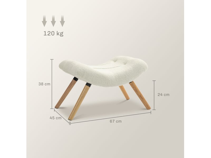  Tabouret repose-pieds 67 x 45 x 38 cm, blanc crème, polyester, pieds en bois de hêtre pour salon  - Conforama C