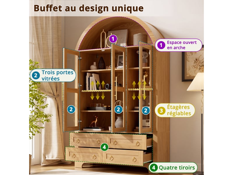  Vaisselier buffet avec portes en verre 4 tiroirs 110x40x185 cm naturel  - Conforama B