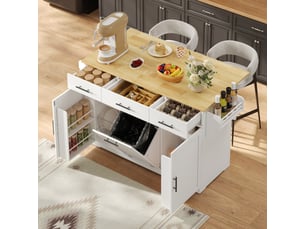 Desserte de cuisine avec 3 tiroirs, 2 étagères de porte, poubelle, prises et roulettes pour cuisine en mdf 136×50×92 cm