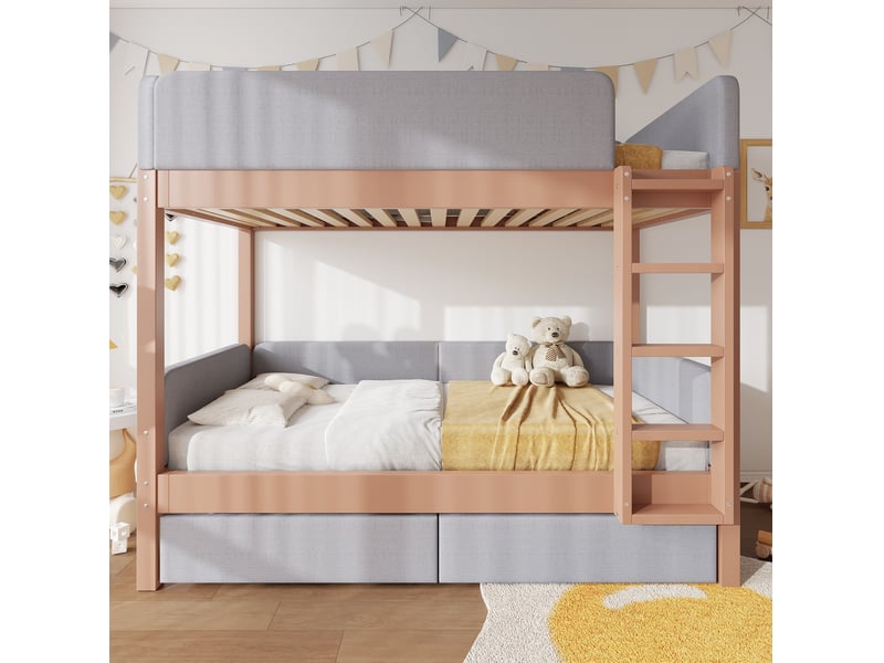  Lit superposé enfant 90x200 cm, rangement, 2 tiroirs, escalier à 4 marches, structure mdf, gris naturel, sans matelas  - Conforama D
