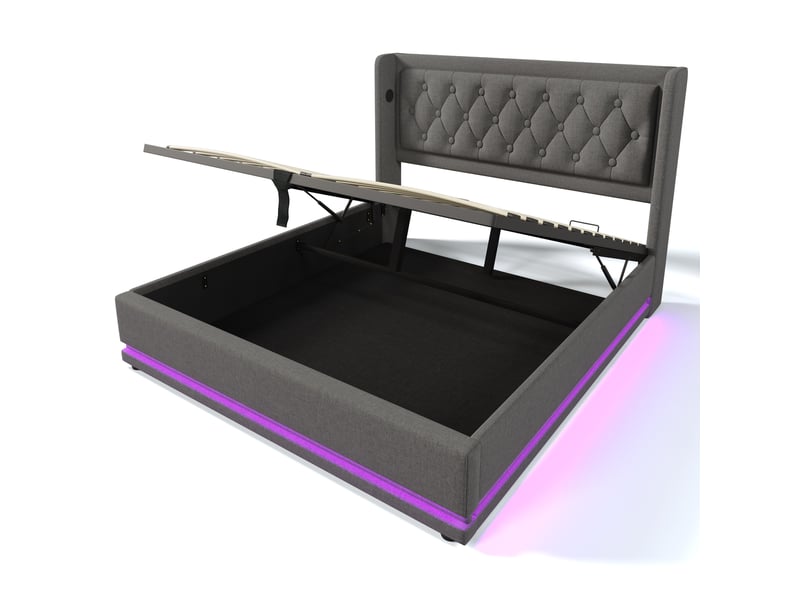 Lit coffre,160x200 cm,avec led et usb-c,coton,gris - Conforama D