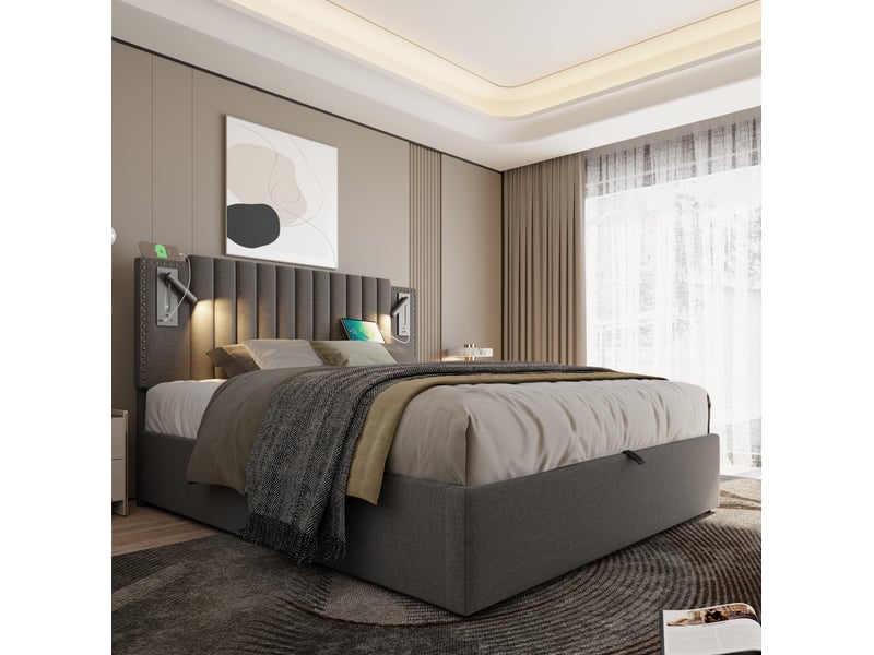  Lit coffre 140 x 200 cm gris avec matelas, éclairage de lecture et ports usbtype-c  - Conforama C