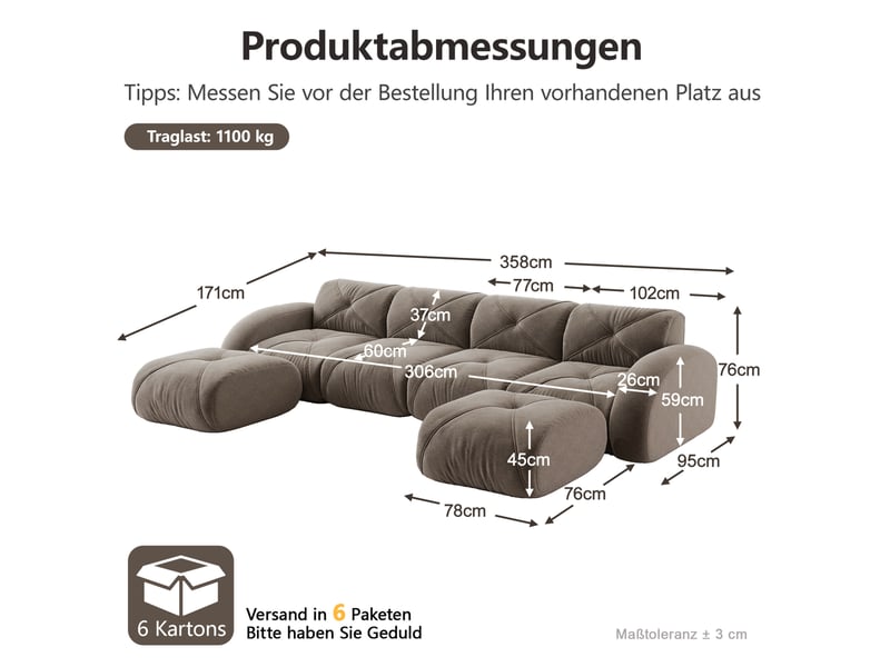 Canapé modulable en u 4 places avec 2 poufs en chenille taupe - Conforama C