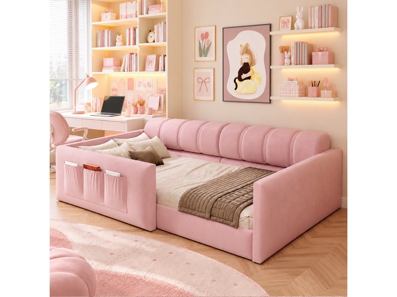  Lit banquette enfant 90x200cm en velours rose, tête de lit rembourrée avec poches de rangement, 12 lattes, structure métal et mdf pour chambre moderne  - Conforama B