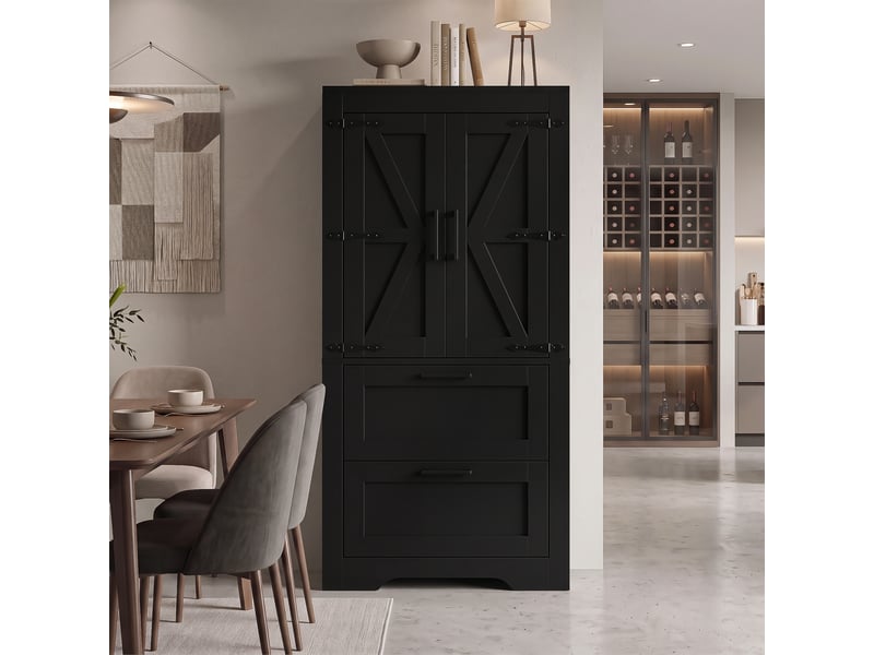  Meuble de cuisine muvano, buffet haut style campagne noir, 2 tiroirs, étagères réglables, 60 × 30 × 128 cm  - Conforama C