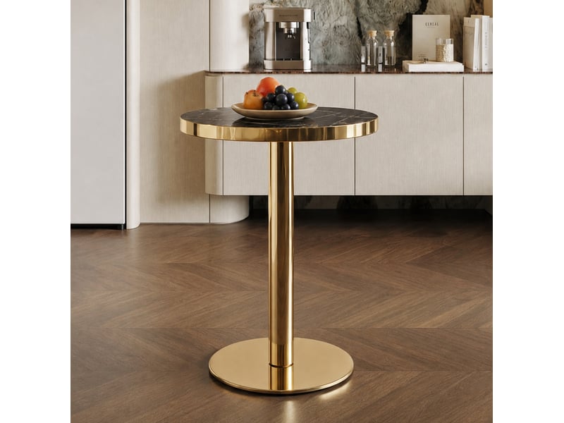  Table d'appoint ronde 59,5 x 73,5 cm noire et dorée, plateau mdf effet marbre  - Conforama E