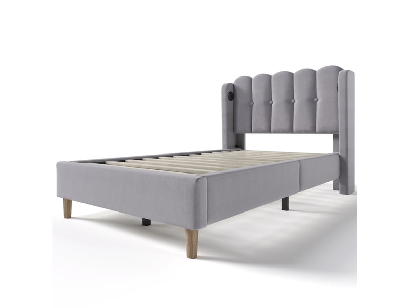 Lit enfant 90x200 cm – gris – ports usb et usb-c, sommier à lattes et matelas h3 inclus, tête de lit rembourrée  - Conforama D