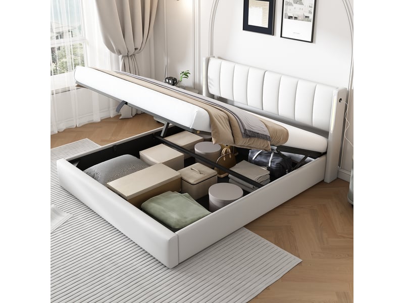 Lit coffre 180x200cm, led binaurales, charge usb et tête réglable,pu, blanc  - Conforama D