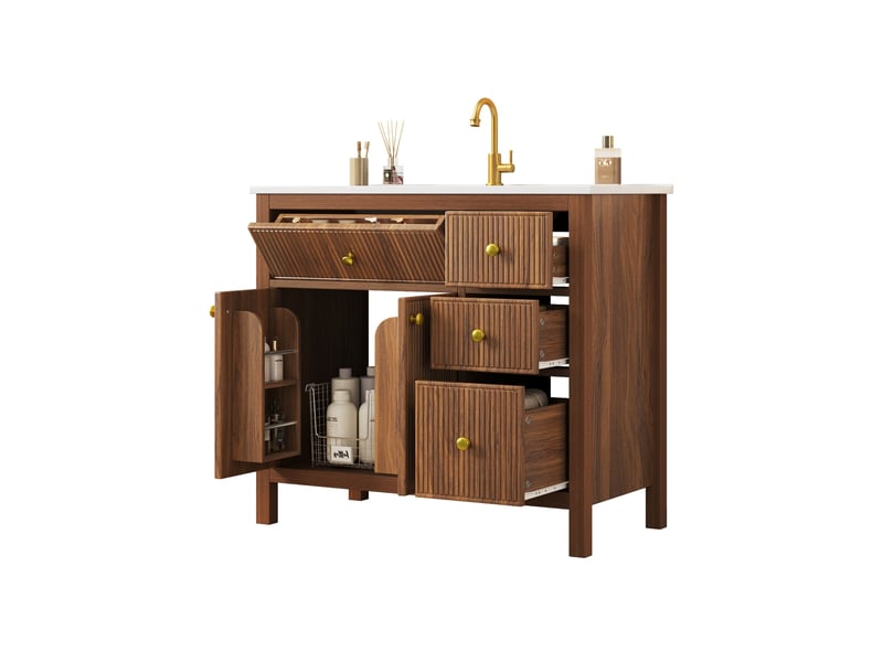  Meuble sous vasque 91x48x88 cm avec vasque céramique, 4 tiroirs, coloris noyer  - Conforama A