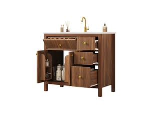 Meuble sous vasque 91x48x88 cm avec vasque céramique, 4 tiroirs, coloris noyer