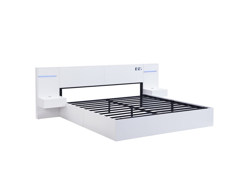  Lit double 180 x 200 cm, en bois, avec port usb, réveil électronique, enceinte bluetooth, bande lumineuse colorée, matelas intégré, 2 tables de chevet (sans tiroirs), matelas non inclus, blanc  - Conforama D