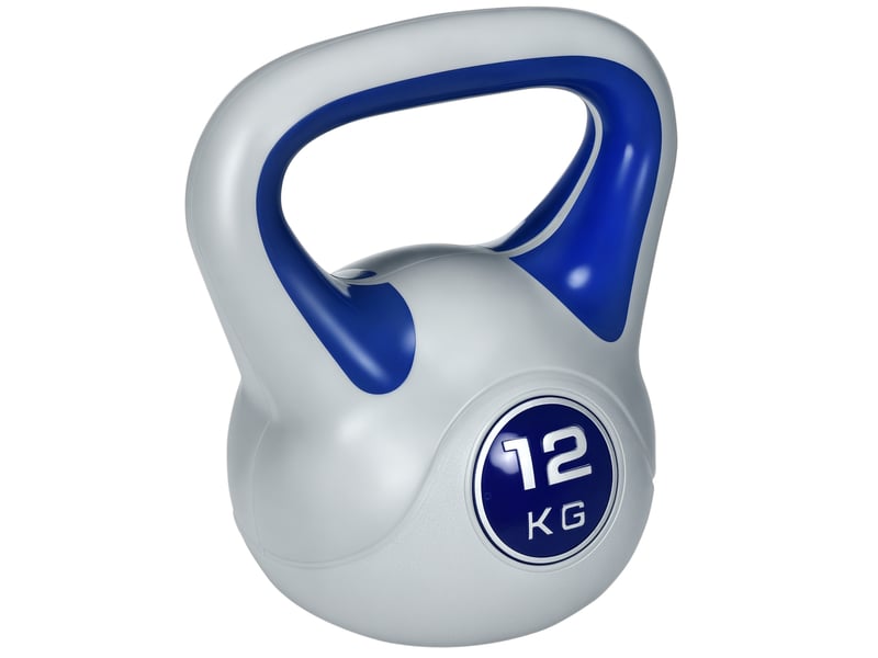  Kettlebell, 12 kg, fond plat, grande poignée, revêtement plastique, bleu, 24 x 17 x 28 cm  - Conforama A