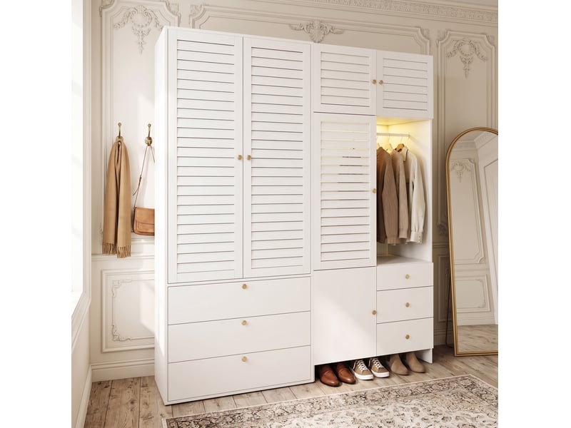  Armoire dressing tcqpz 180 x 50 x 200 cm avec led, 6 tiroirs, 2 penderies et panier à linge, blanche  - Conforama B