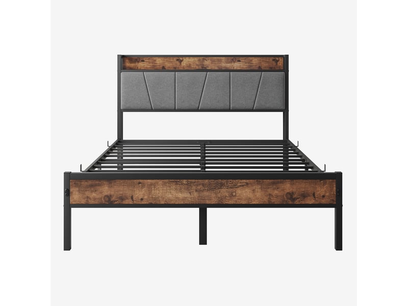  Lit cadre 120x200 cm, tête de lit de rangement, station de charge usb, éclairage led, en mdf et métal, marron antique, sans matelas  - Conforama A